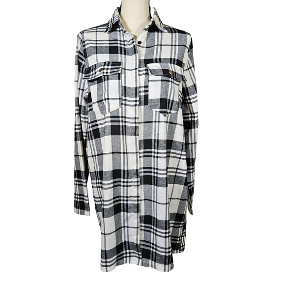 Pretty Little Thing Oversized Button Up Flannel Shirt Dress,Black/White, 6 - Picture 1 of 13